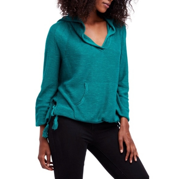 Free People Tops - Free People Side Tie Linen Hoodie Kelly Green Top Size L